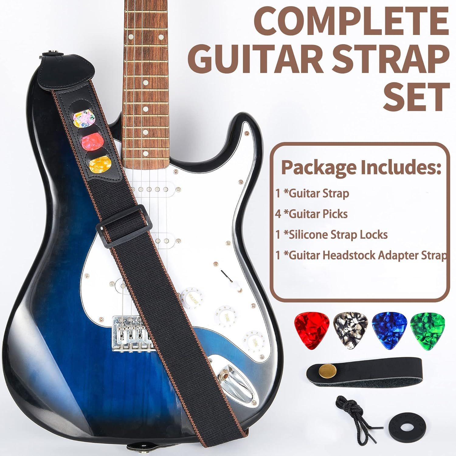 Shows everything included in the package: guitar strap, 4 guitar picks, silicone strap locks, and headstock adapter strap to help shoppers understand the full value of the bundle.