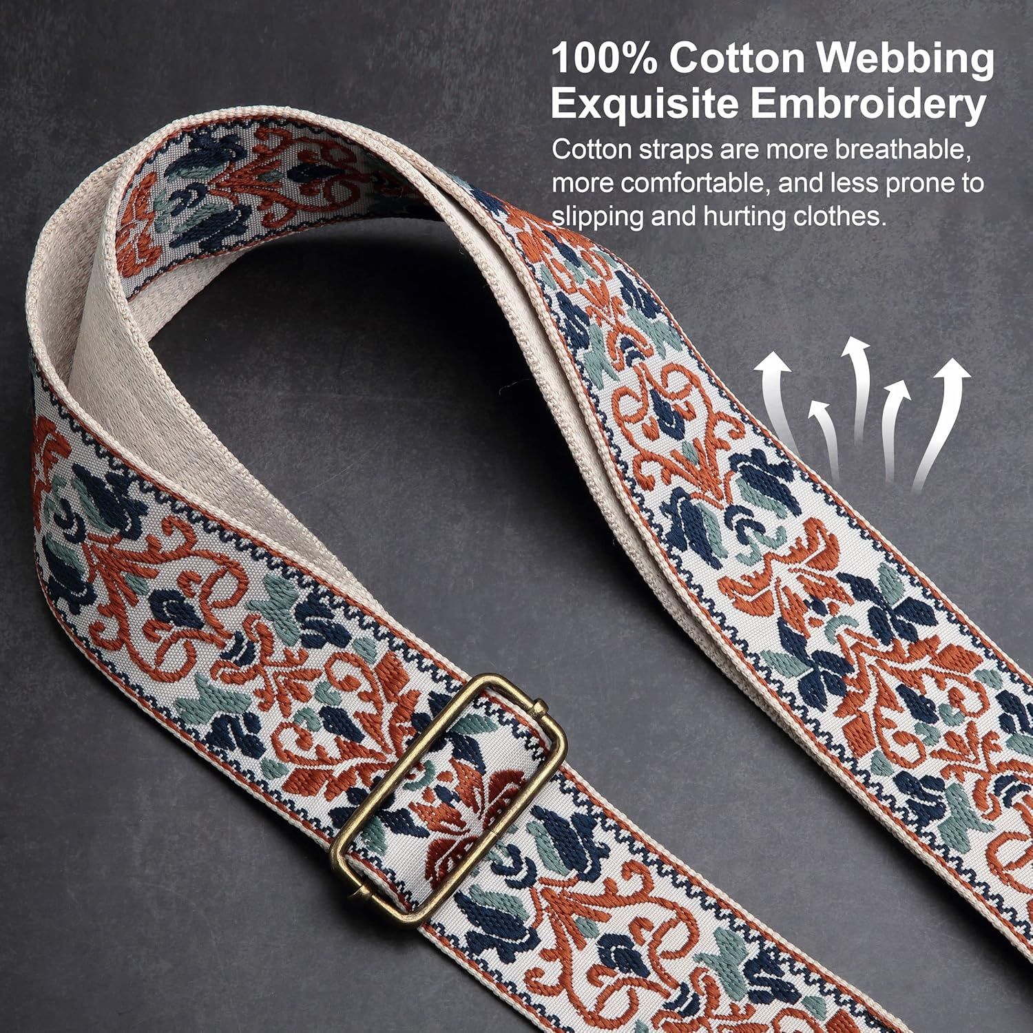 Highlights the premium cotton webbing material and embroidery to communicate breathability, comfort, and quality that prevents slipping or damage to clothes.