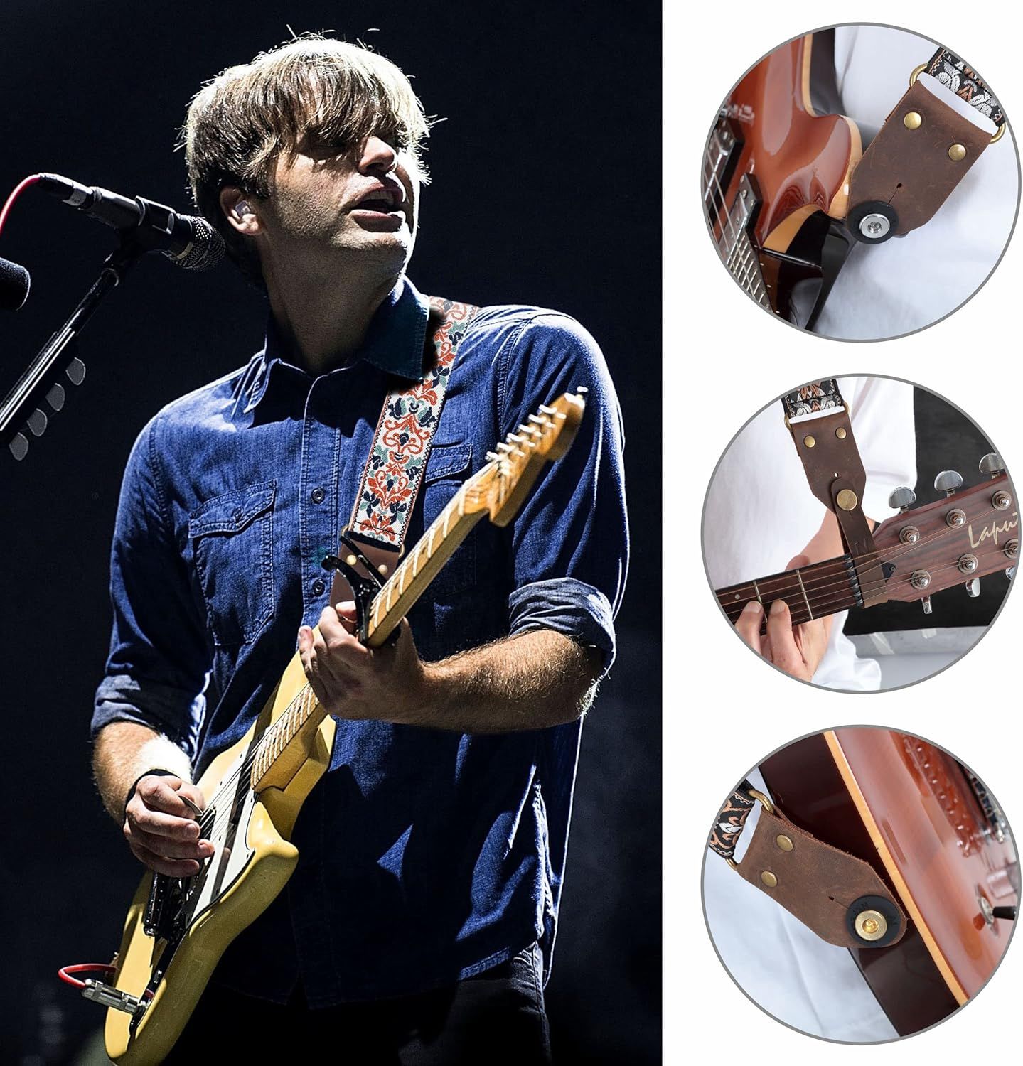 This image breaks down the guitar strap attachment mechanism by showing close-up views of how the leather strap connects to the guitar body, highlighting the hardware and construction details for…