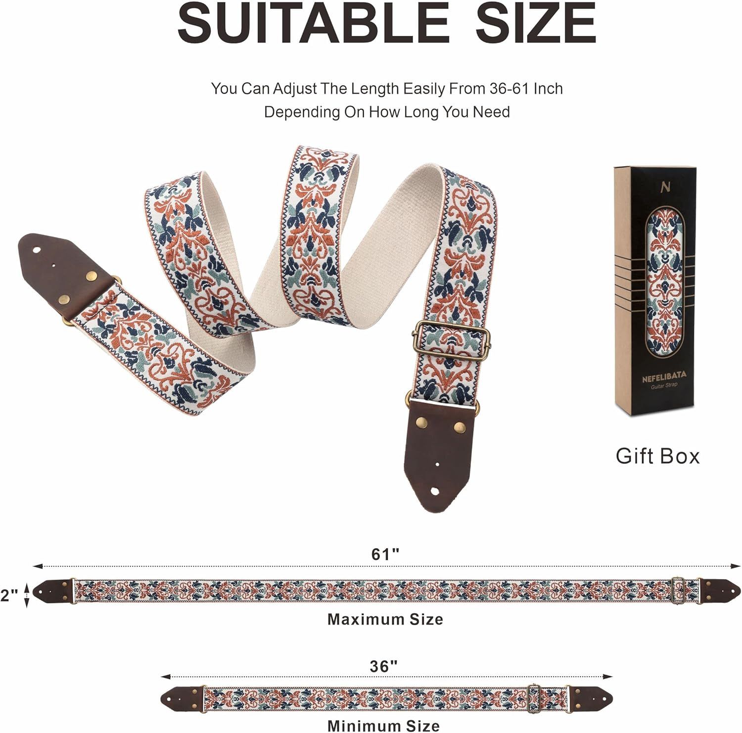Communicates the adjustable length range of the guitar strap from 36 to 61 inches with clear dimensional arrows and visual scale references to help shoppers understand the product size and…
