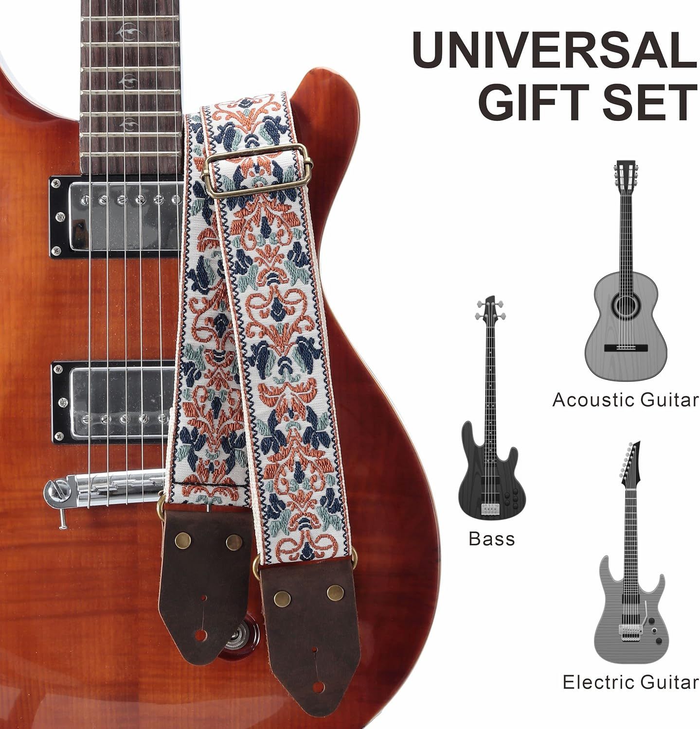 Communicates that the guitar strap is compatible with multiple types of guitars including acoustic, bass, and electric guitars, reassuring shoppers of its versatility.