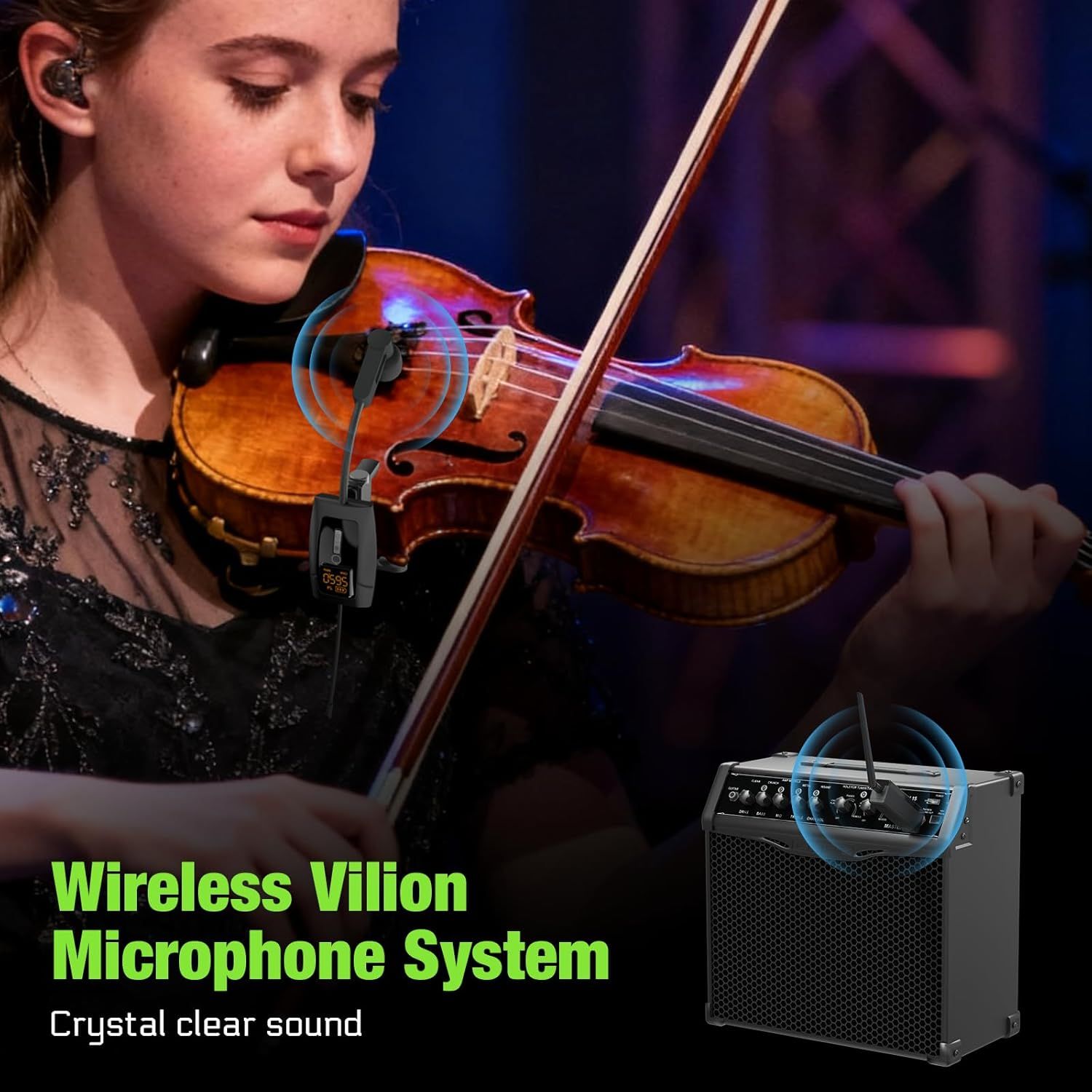 Demonstrates the wireless microphone system for violin, emphasizing crystal clear sound transmission between the instrument and amplifier without cables.