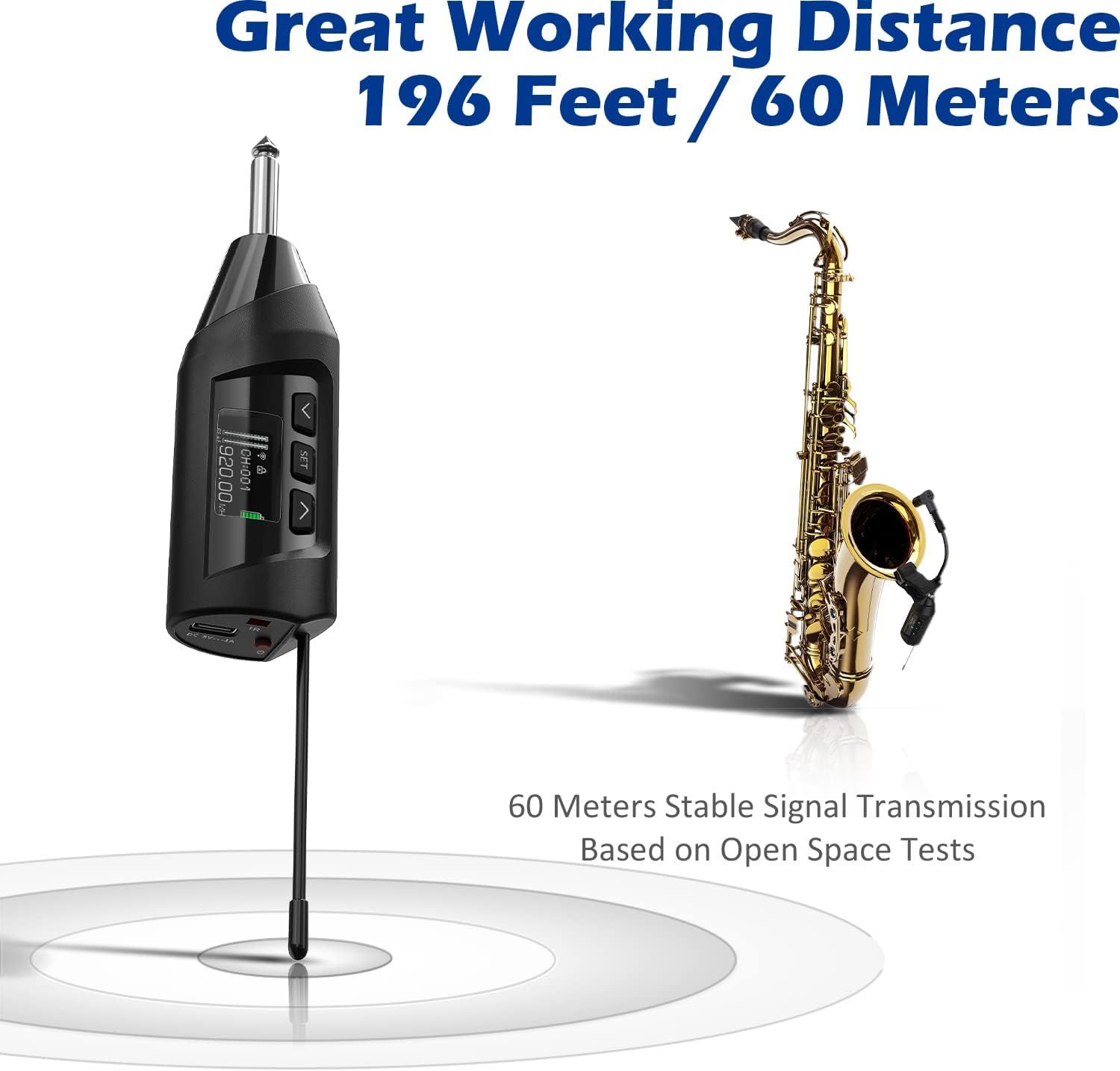 Communicates the impressive wireless range of 196 feet or 60 meters to reassure musicians and performers that they can move freely without signal loss.