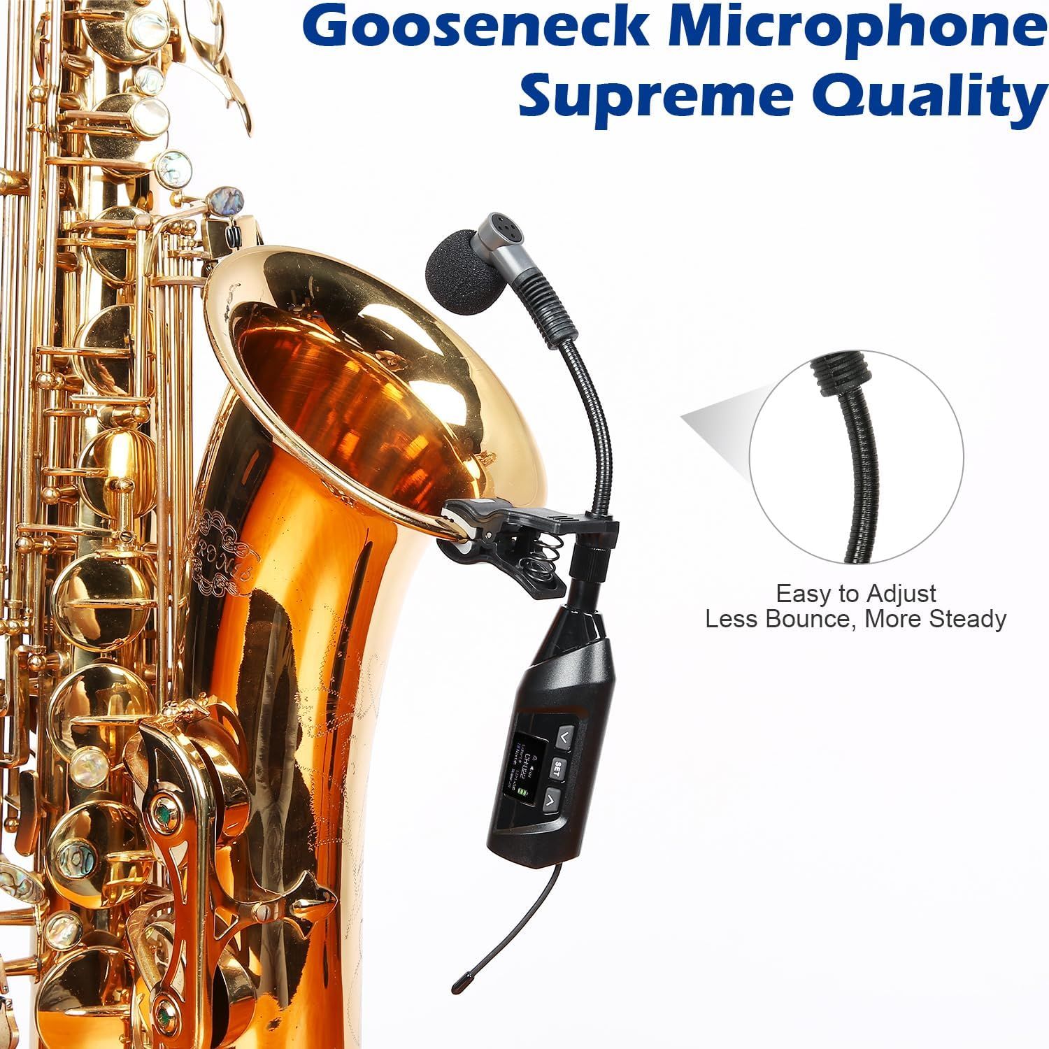 Highlights the adjustable gooseneck design that provides stability and reduces bounce, reassuring musicians that the microphone can be positioned precisely and securely.