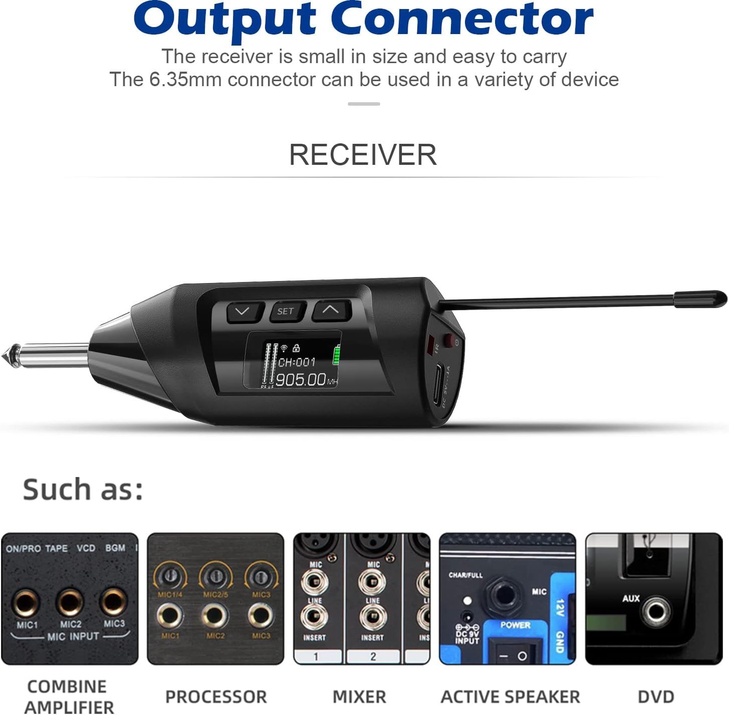 Communicates that the receiver is portable and easy to carry, and that the 6.35mm connector works with multiple device types including amplifiers, processors, mixers, active speakers, and DVD…