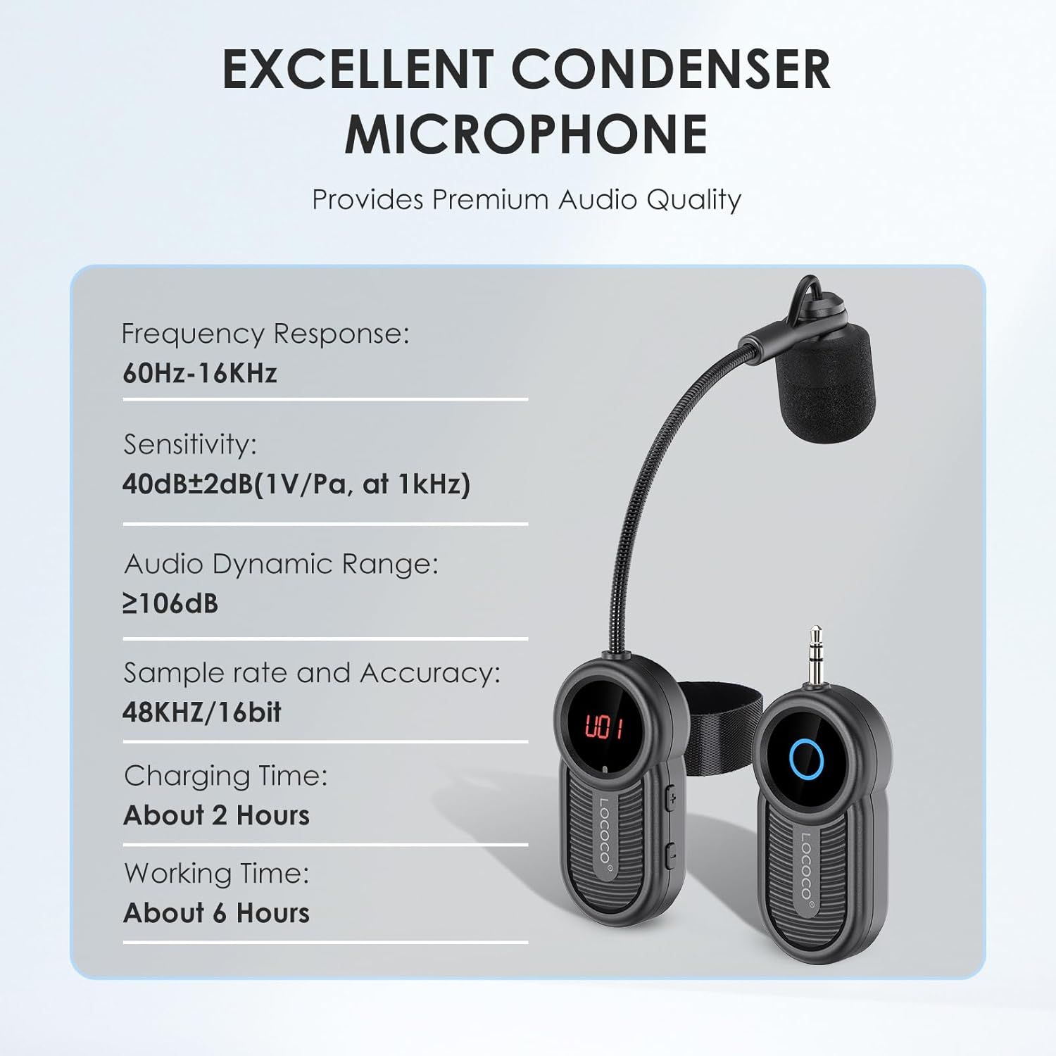 Communicates multiple technical specifications and features of the condenser microphone to help shoppers understand its audio quality capabilities, battery performance, and overall value.