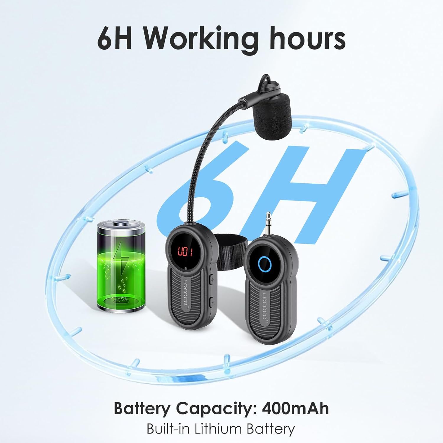 Communicates the battery life and capacity of the wireless microphone system to reassure shoppers about its runtime and power specifications.