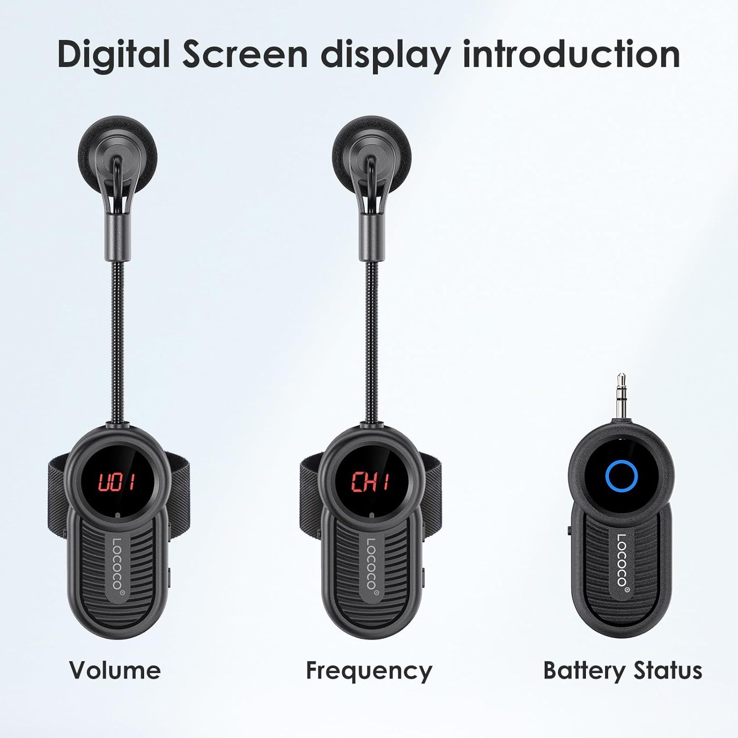 This image breaks down the digital screen display functionality by showing three different states: volume level, frequency channel, and battery status, helping shoppers understand what information…