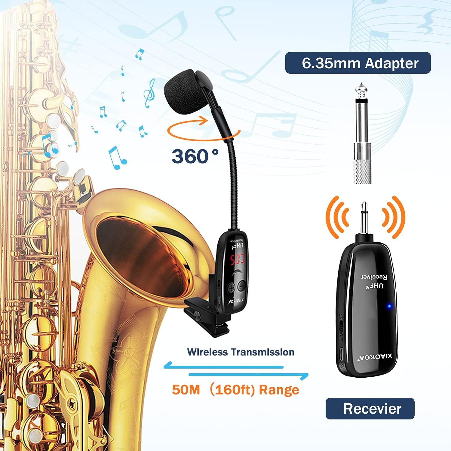 Showcases multiple key features of the wireless microphone system including its rotatable design, wireless transmission capability with 50M range, and adapter compatibility to help shoppers…