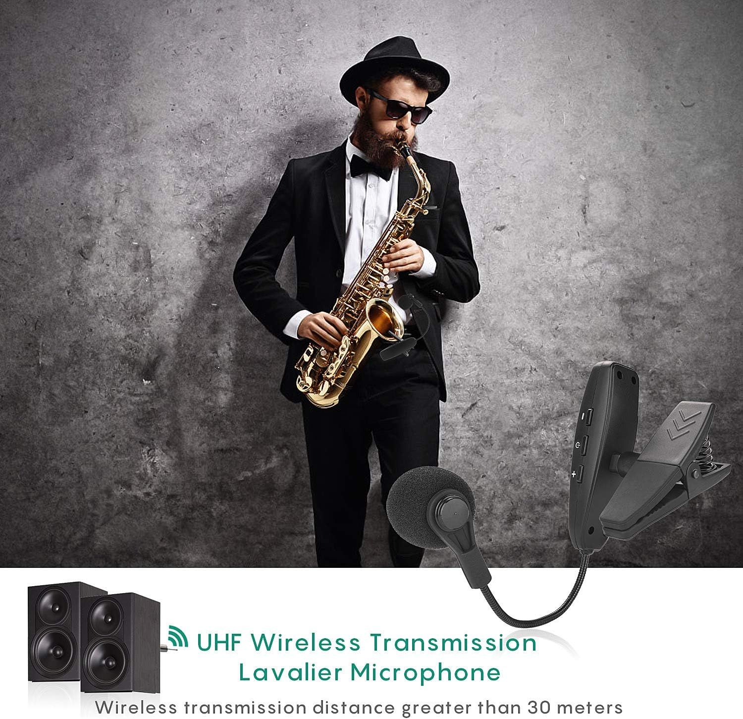 Communicates that the lavalier microphone uses UHF wireless technology with a transmission distance greater than 30 meters, reassuring musicians and performers of reliable wireless connectivity.