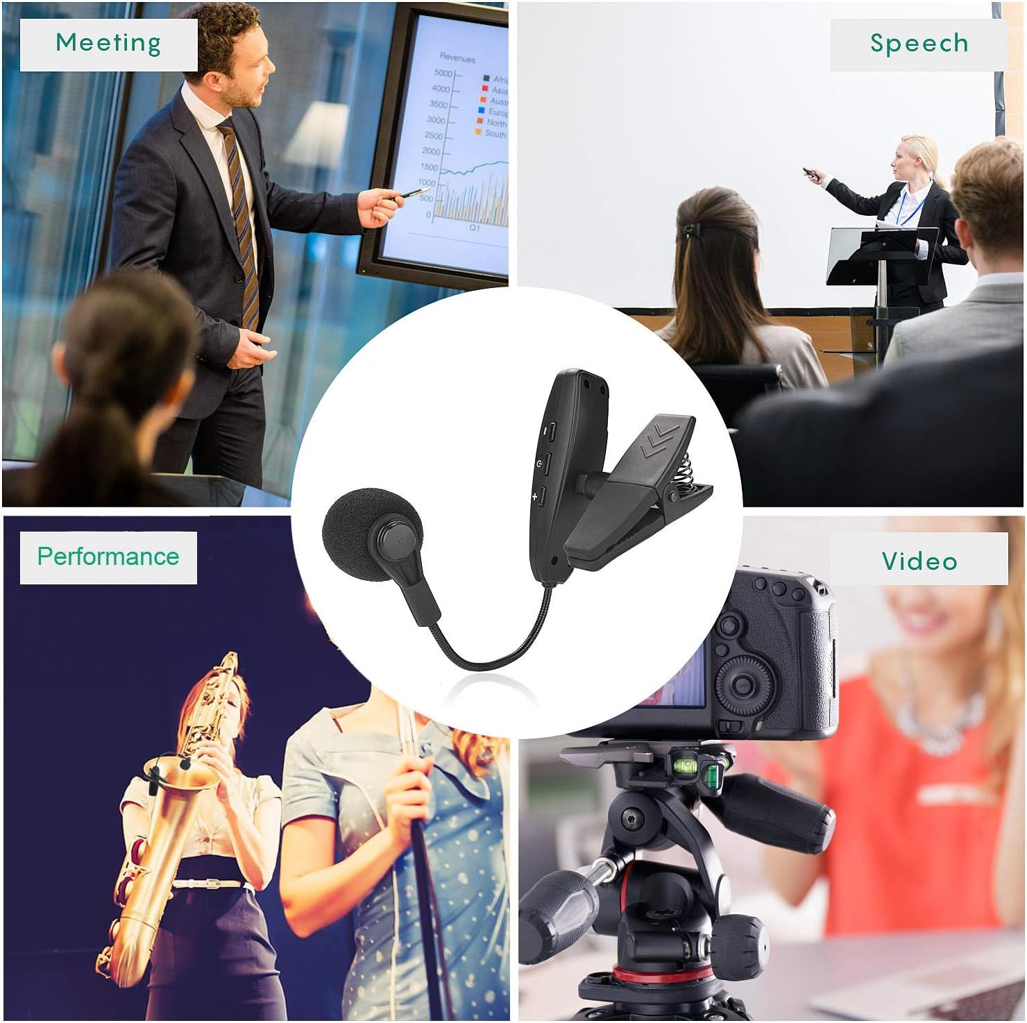 Demonstrates the versatility of the microphone product by showing four different use cases: business meetings, public speeches, live performances, and video recording.