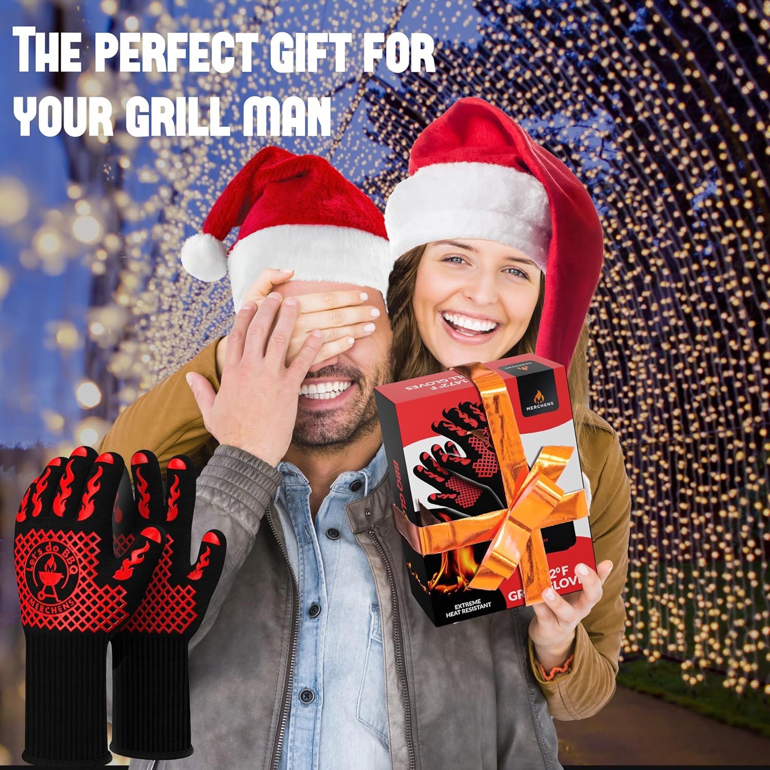 Positions the product as a perfect holiday gift for grill enthusiasts, leveraging seasonal cues like Santa hats and festive background to drive gifting relevance.