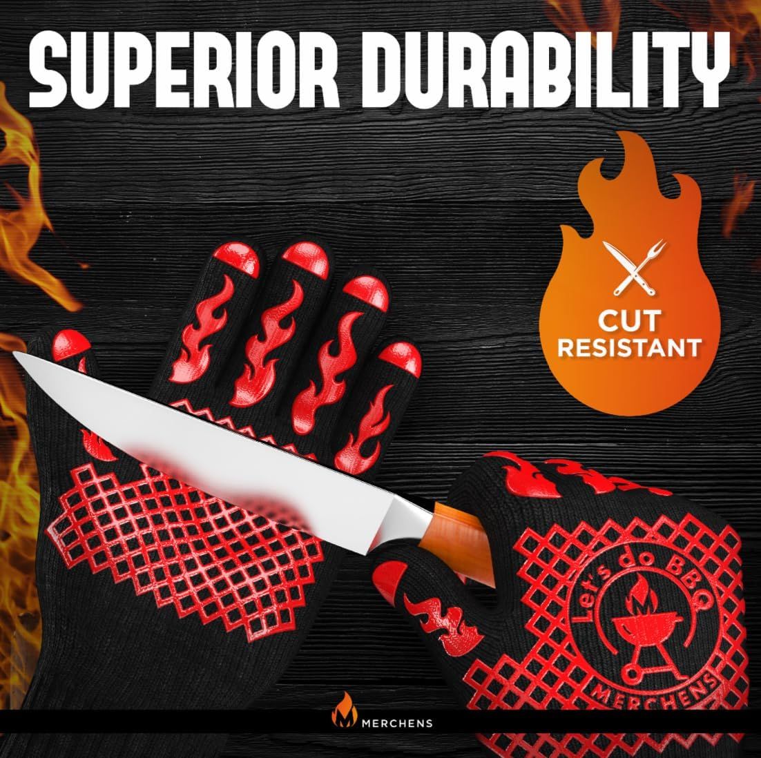 Demonstrates the gloves are cut-resistant and highly durable, reassuring customers they can safely handle sharp objects like knives.