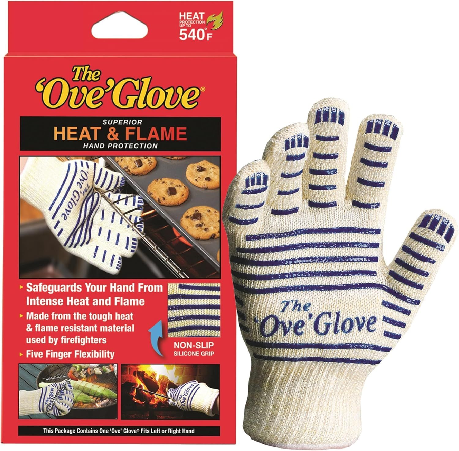 Communicates multiple key benefits of the oven glove including heat and flame protection up to 540°F, firefighter-grade materials, finger flexibility, and non-slip grip to reassure shoppers of…