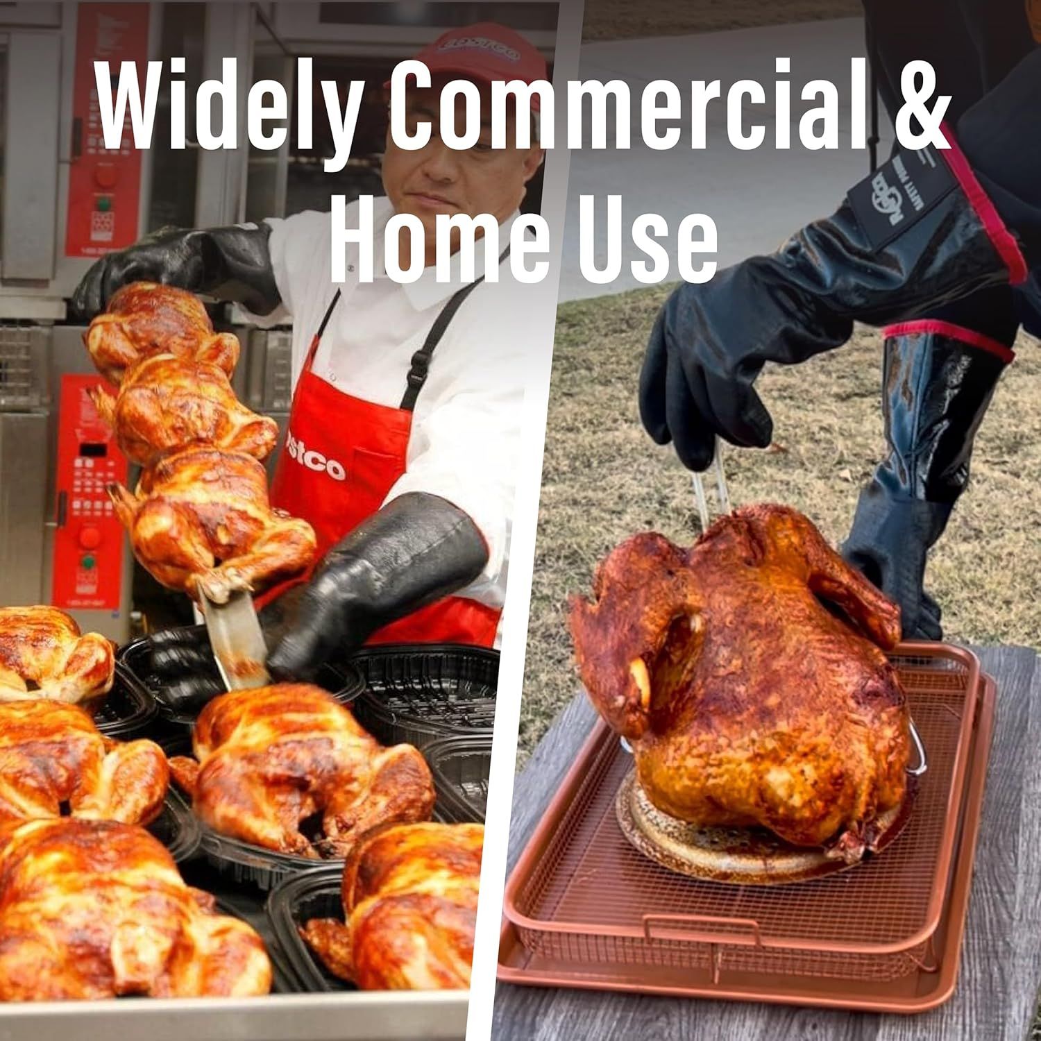 Demonstrates the versatility of the gloves by showing they can be used in both commercial kitchen settings and home cooking environments, emphasizing their broad applicability.