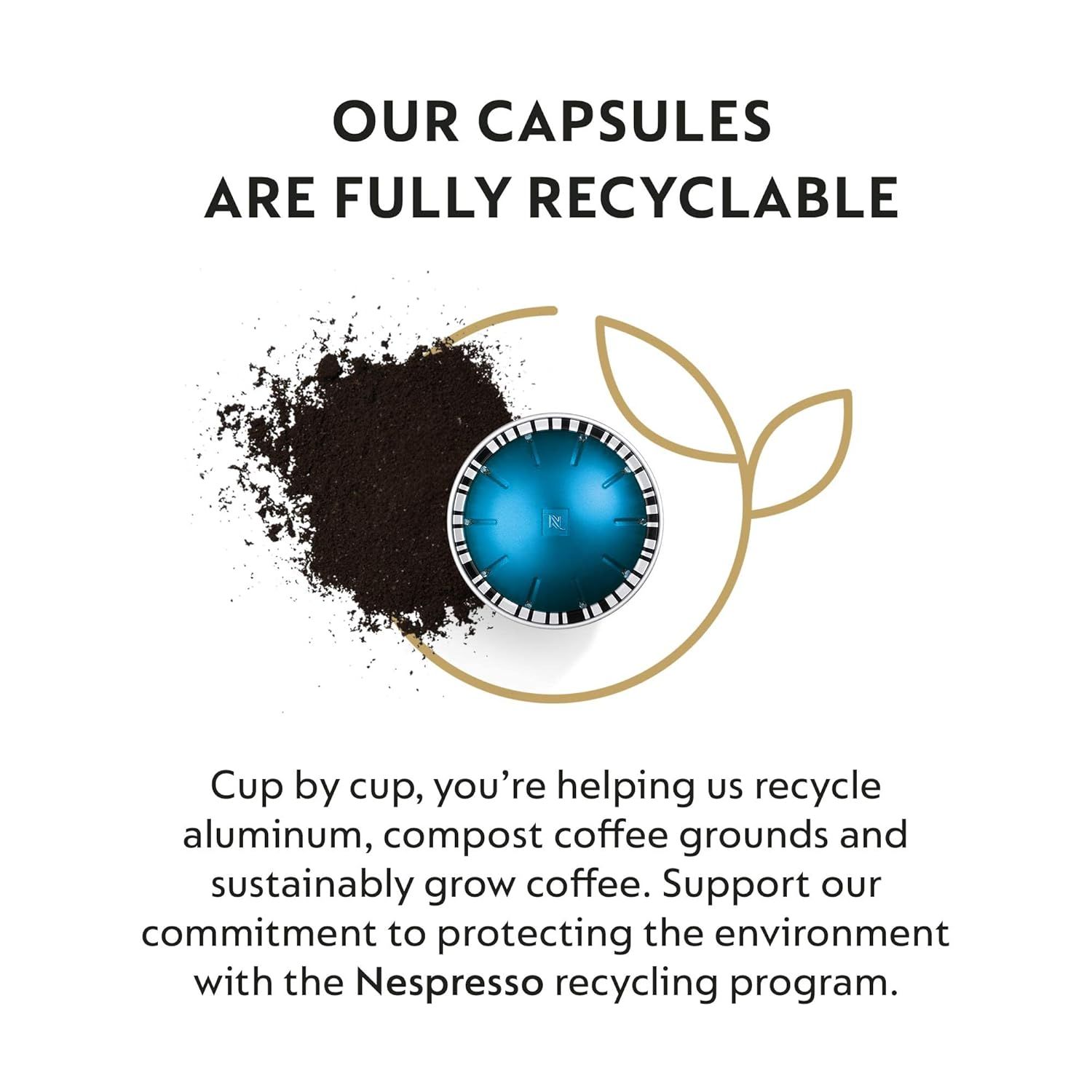 Communicates that the coffee capsules are environmentally friendly and fully recyclable, encouraging shoppers to support sustainability through the Nespresso…