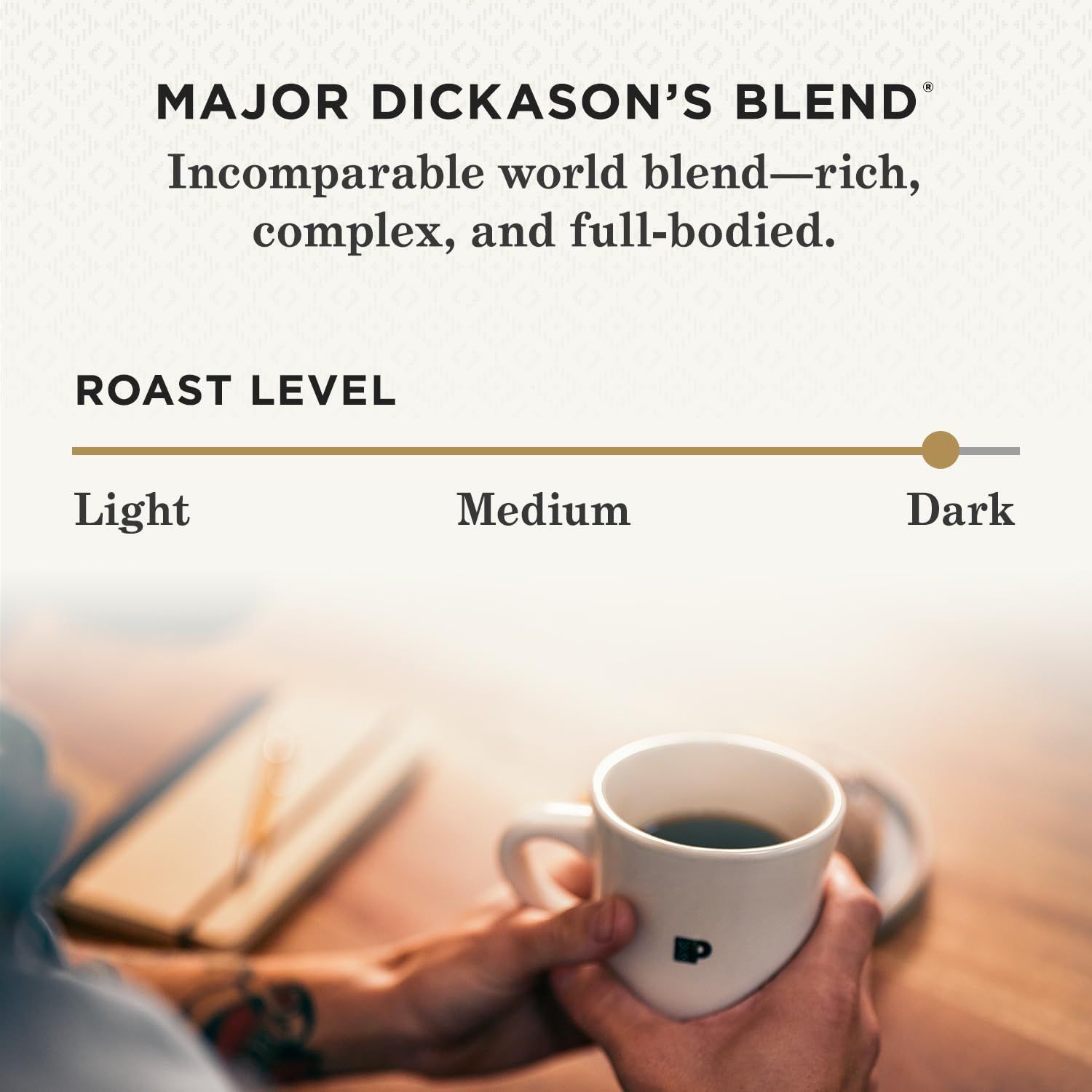 Communicates the roast level of the coffee blend to help shoppers understand the flavor profile and intensity they can expect from this product.