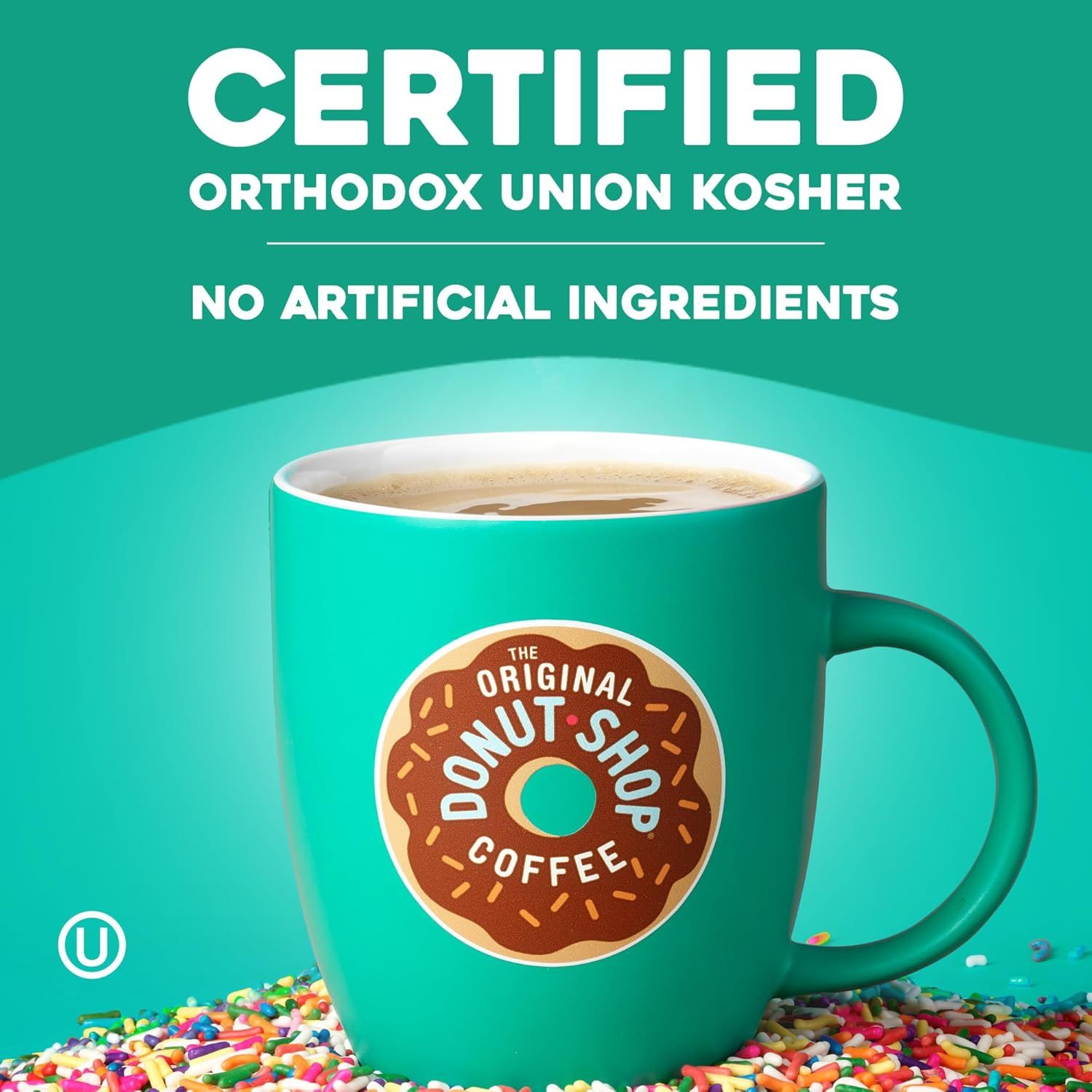 Communicates that the coffee is certified Orthodox Union Kosher and contains no artificial ingredients, reassuring shoppers about quality and dietary…