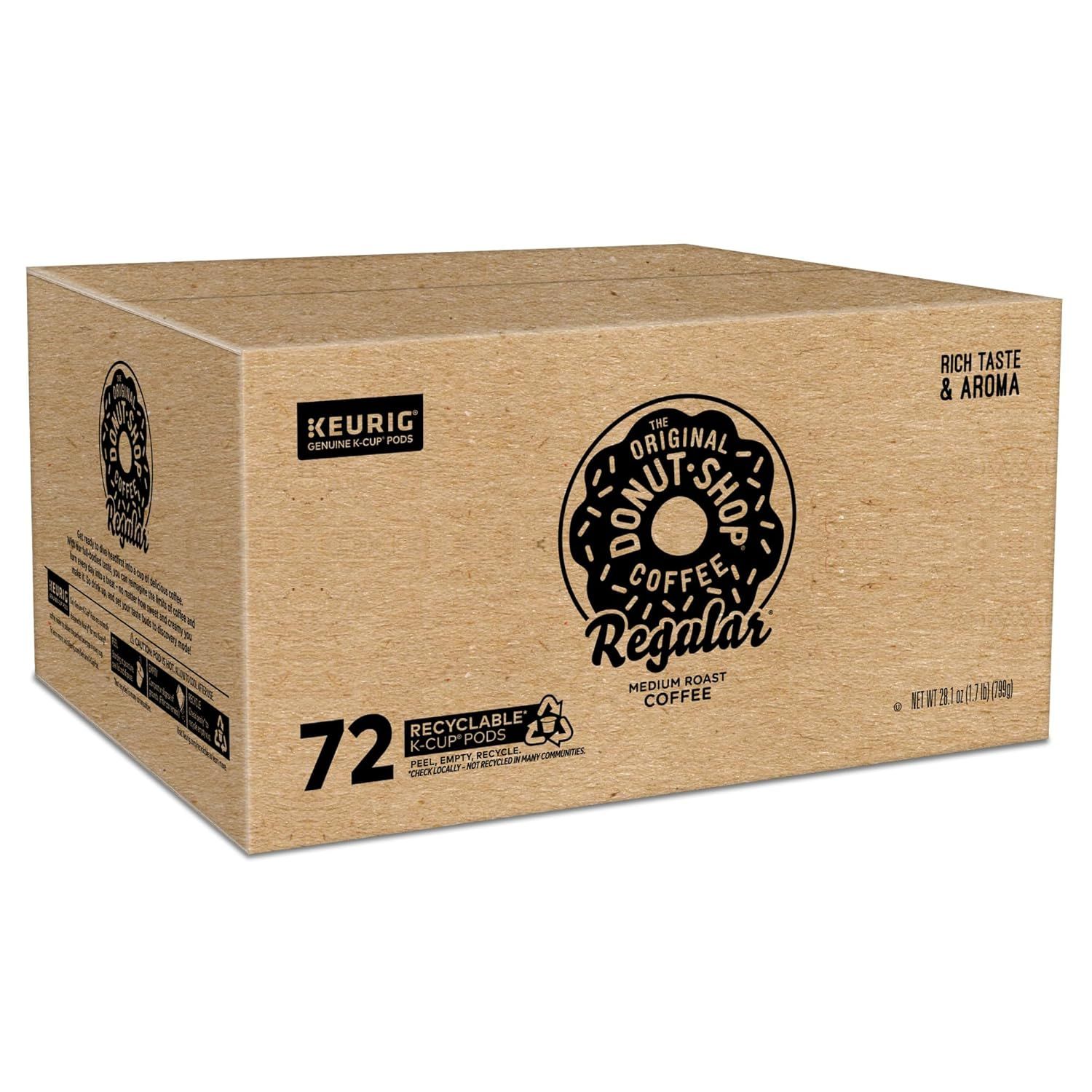 Communicates multiple product benefits including the large 72-pod quantity, recyclable packaging feature, and the Original Donut Shop brand identity to help shoppers understand value and…