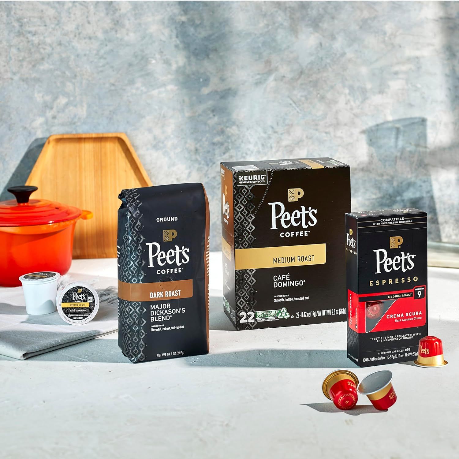 Shows the variety of Peet's Coffee products available including ground coffee, K-cups, and espresso capsules to demonstrate the brand's range and help…