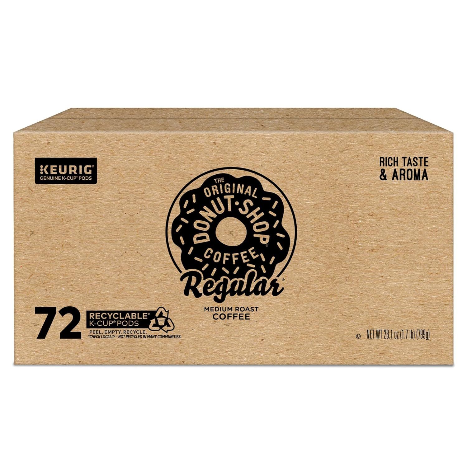 Communicates multiple selling points including sustainability (recyclable pods), quality (rich taste and aroma), and value (72-count bulk pack) to help shoppers understand key benefits at a glance.