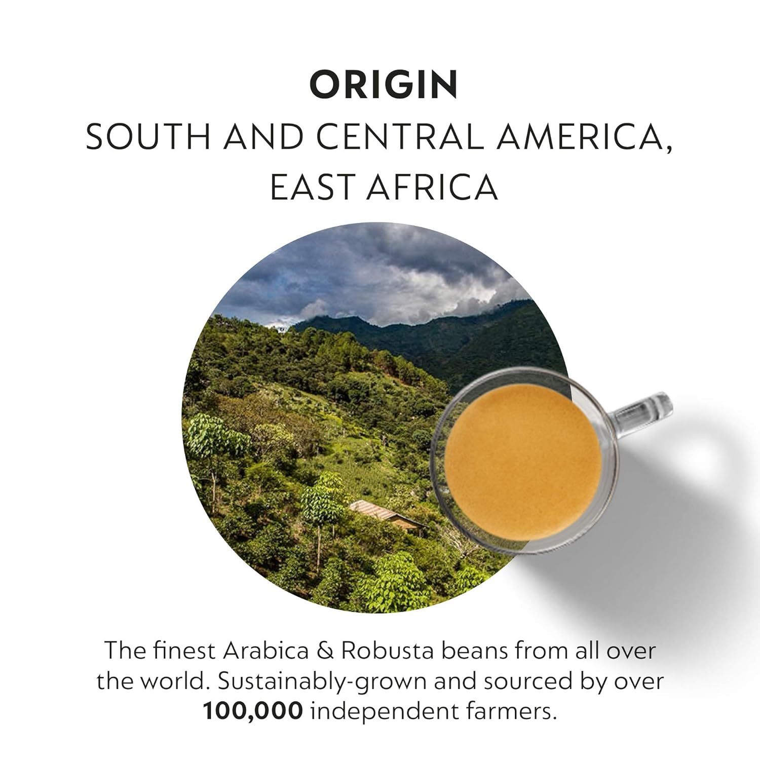 Communicates the geographic origin of the coffee beans and emphasizes sustainable sourcing from over 100,000 independent farmers to build trust and appeal to…