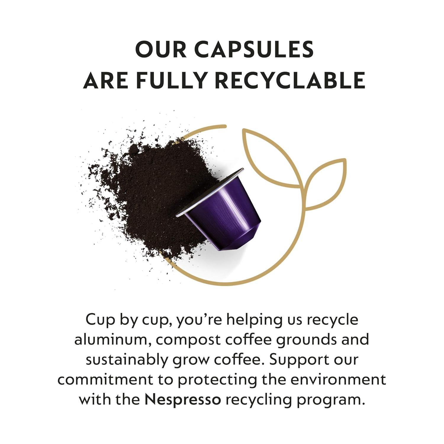Communicates that the coffee capsules are environmentally friendly and fully recyclable, reassuring eco-conscious shoppers and promoting the brand's…