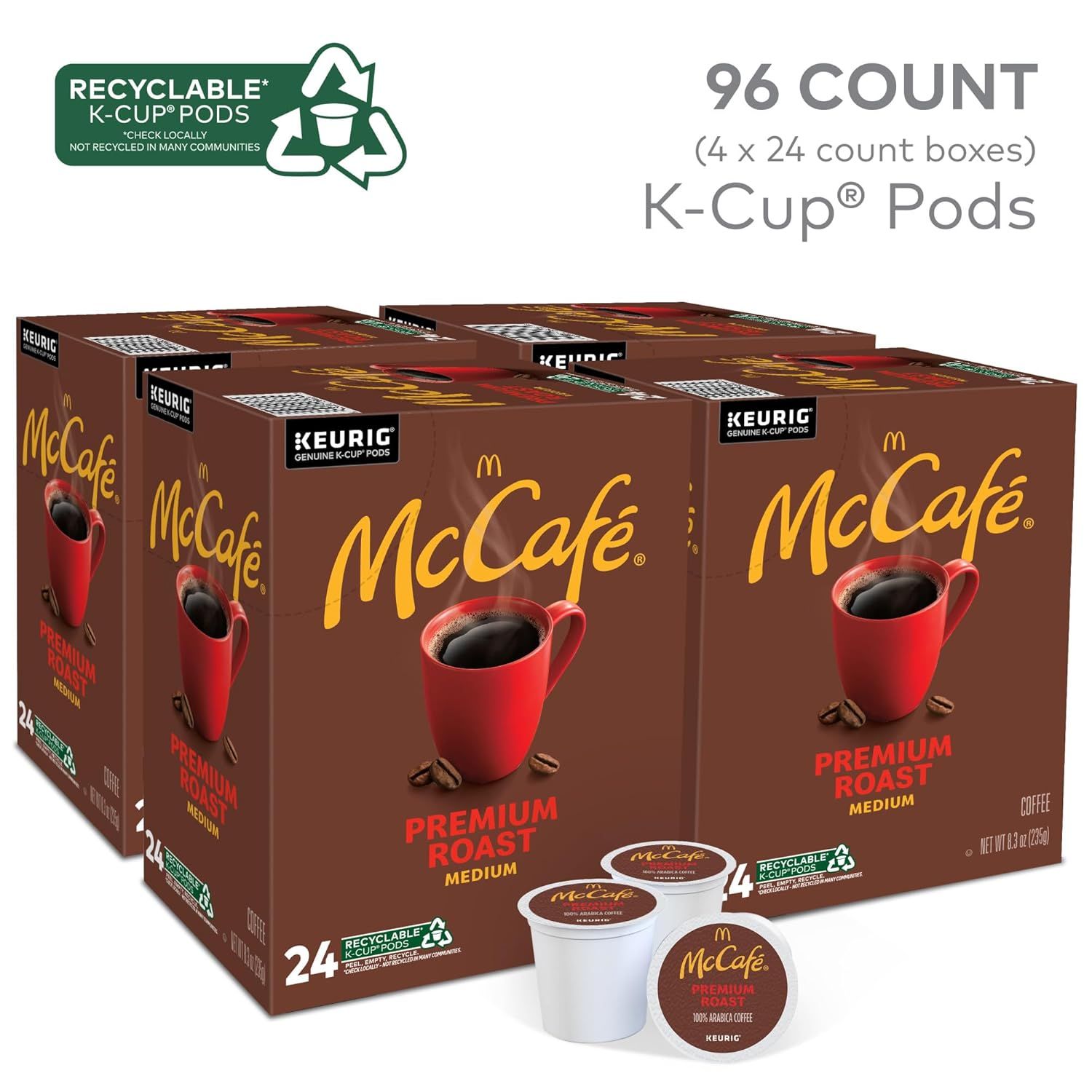 Shows the customer exactly what they receive: 96 K-Cup pods packaged as 4 boxes of 24 count each, helping them understand the bundle quantity and packaging…