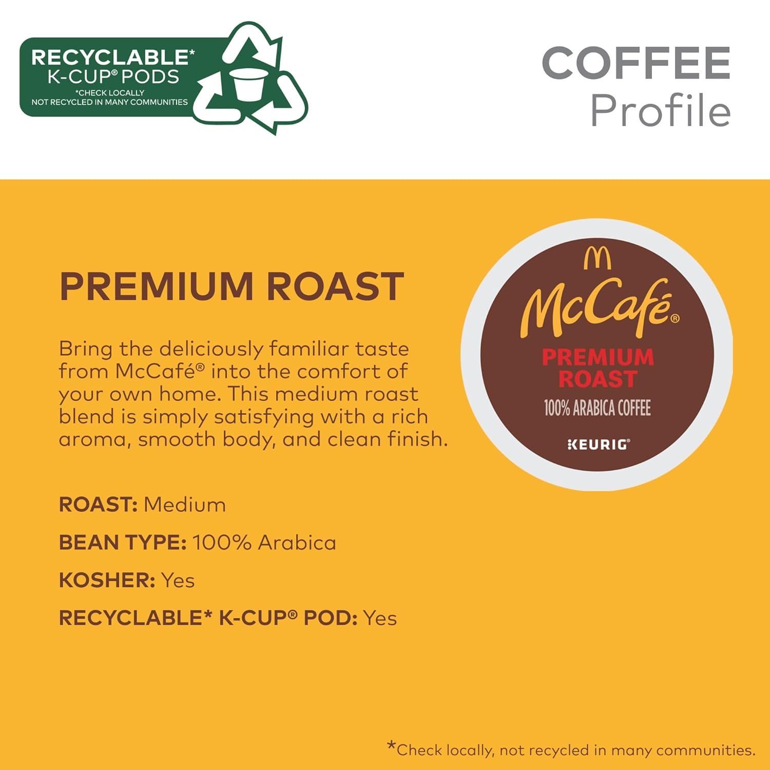 Communicates multiple product attributes including roast level, bean type, kosher certification, and recyclability to help shoppers understand the coffee's…