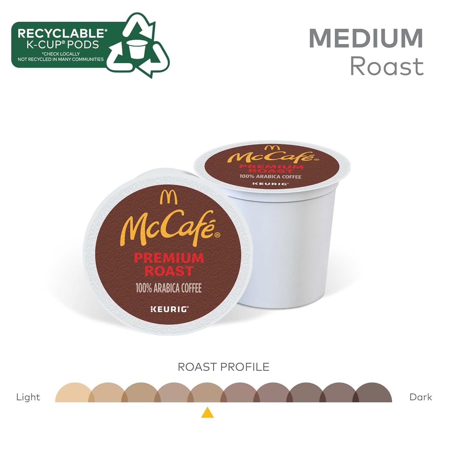 Communicates multiple product features including environmental sustainability through recyclable pods, the medium roast level, and premium coffee quality to…