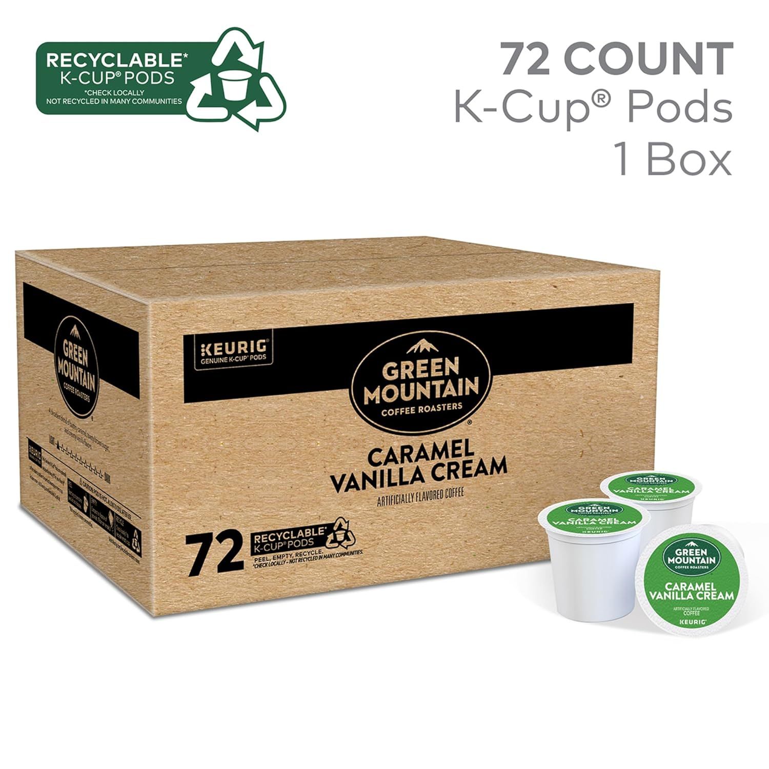 Shows the customer exactly what they receive when purchasing this product: a 72-count box of Green Mountain Caramel Vanilla Cream K-Cup pods with recyclable…