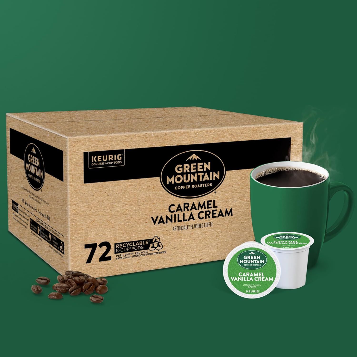 Shows the customer what they receive when purchasing this product: a 72-count box of K-Cup pods, individual pods, and the resulting brewed coffee to set clear…