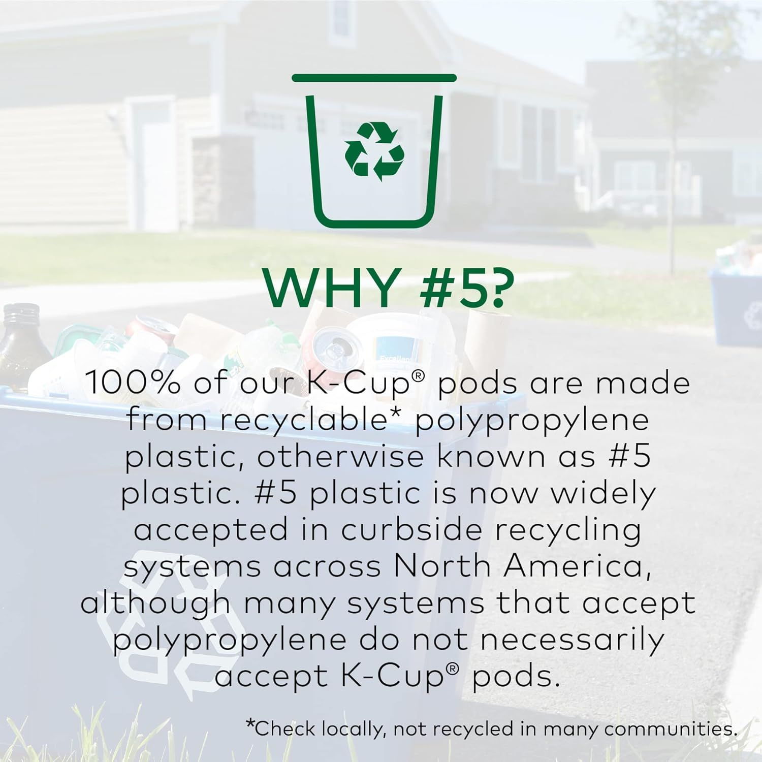 Communicates that the K-Cup pods are made from recyclable polypropylene plastic to reassure environmentally conscious shoppers about the product's…