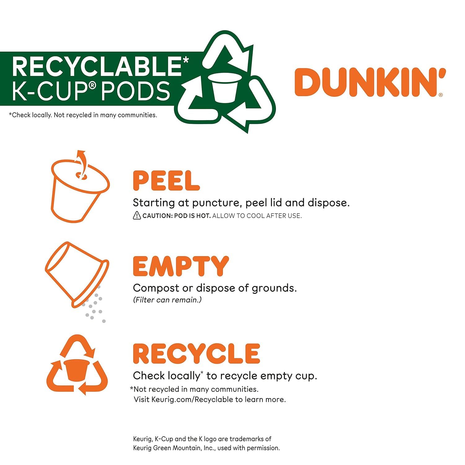 Provides step-by-step instructions on how to properly dispose of and recycle K-Cup pods, helping customers understand the environmental process. Communicates that the K-Cup pods are recyclable and…