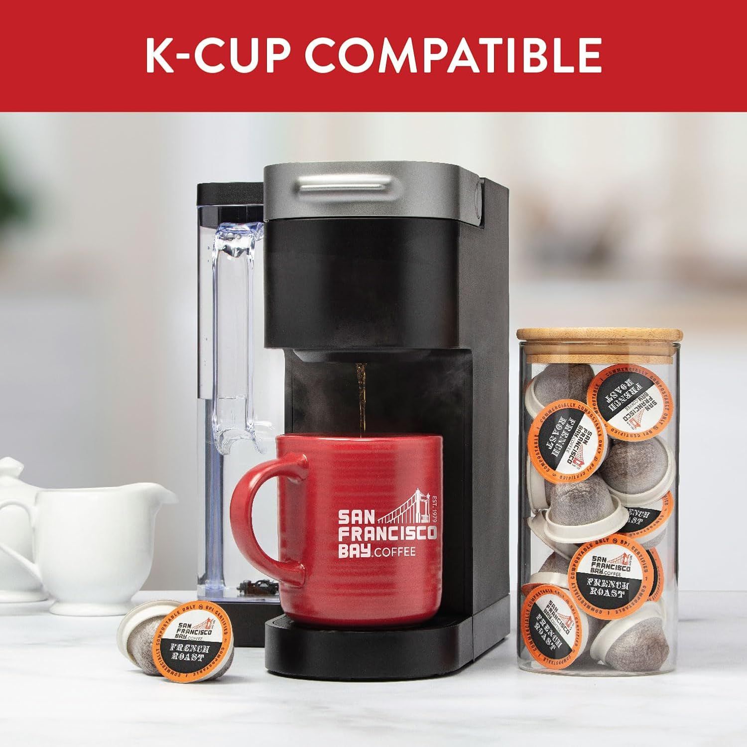 Communicates that the coffee maker is compatible with K-Cup pods, reassuring shoppers they can use their preferred coffee format.