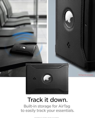 Highlights the built-in storage compartment for AirTag, allowing customers to easily track their essentials and providing peace of mind against loss.