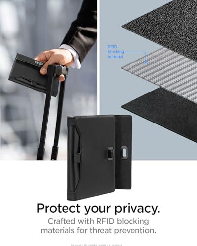 Communicates that the wallet is crafted with RFID blocking materials to protect against digital theft and ensure privacy for the shopper.