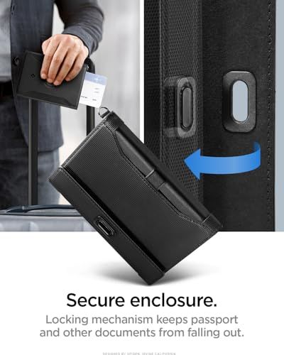 Highlights the secure enclosure feature with a locking mechanism that prevents passports and documents from falling out, reassuring travelers about document safety.