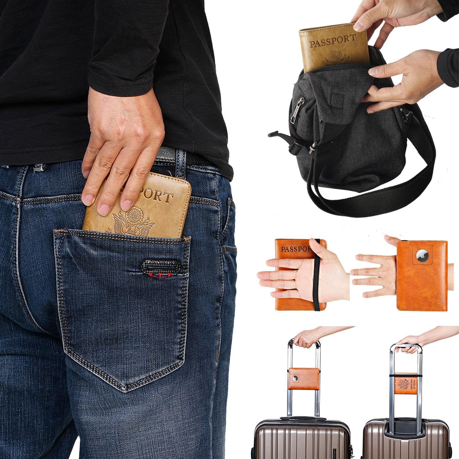 Demonstrates the various ways the passport holder can be used in different travel scenarios, including in pockets, bags, and attached to luggage, highlighting its versatility and convenience for…