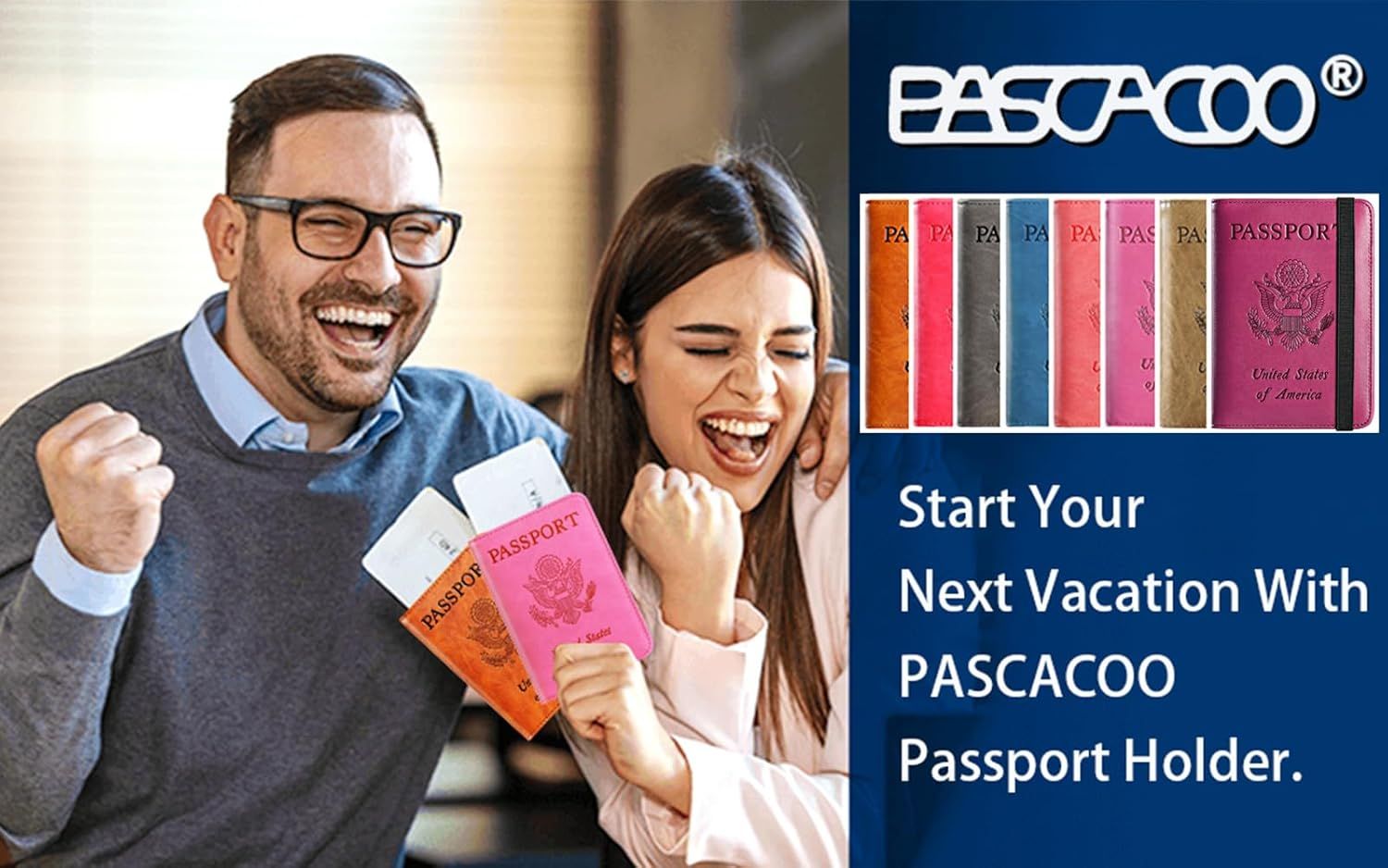Demonstrates the product's use case for travel and vacation by showing excited travelers holding passports in the passport holder, emphasizing its relevance for trips.