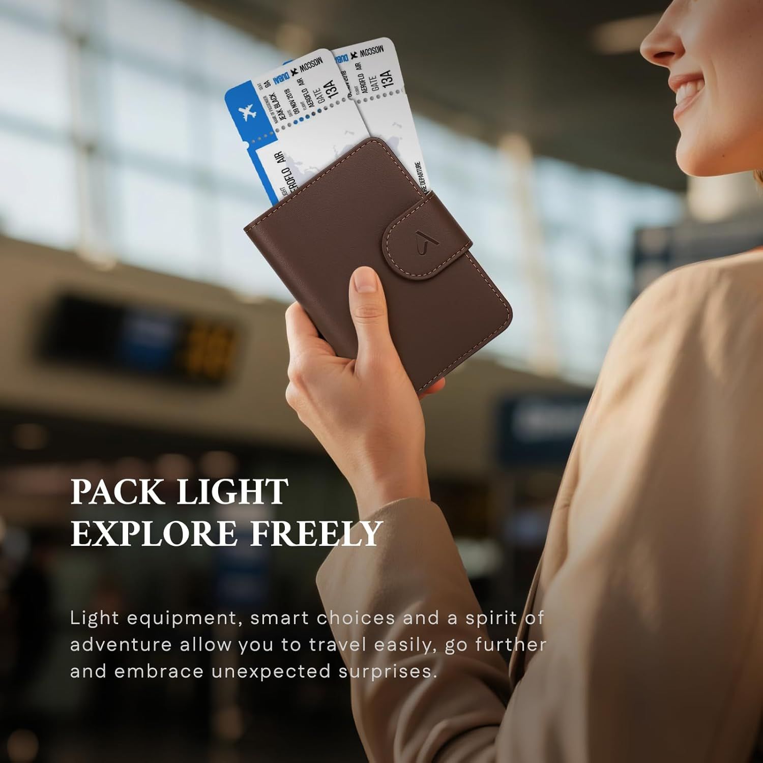 Communicates that the wallet is designed for travelers who want to pack light and travel freely with minimal, organized essentials.