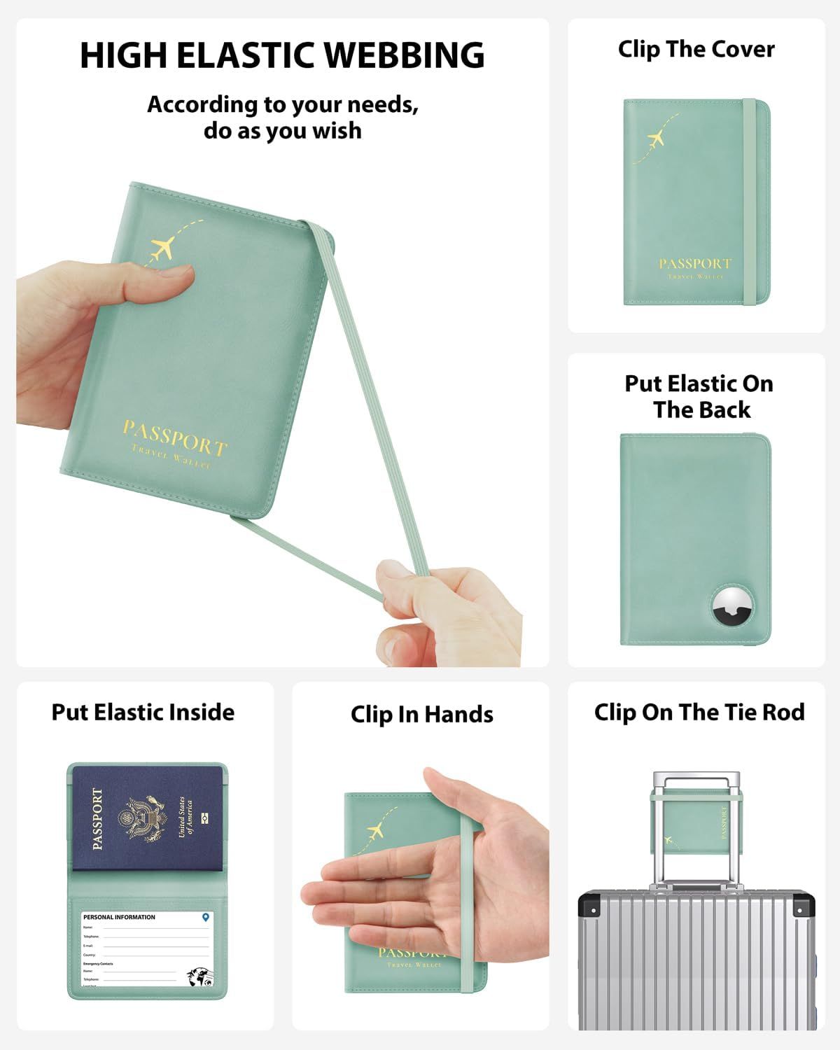 This image provides step-by-step instructions on how to use the elastic webbing feature of the passport holder, showing customers various ways to attach and secure the product for different needs.