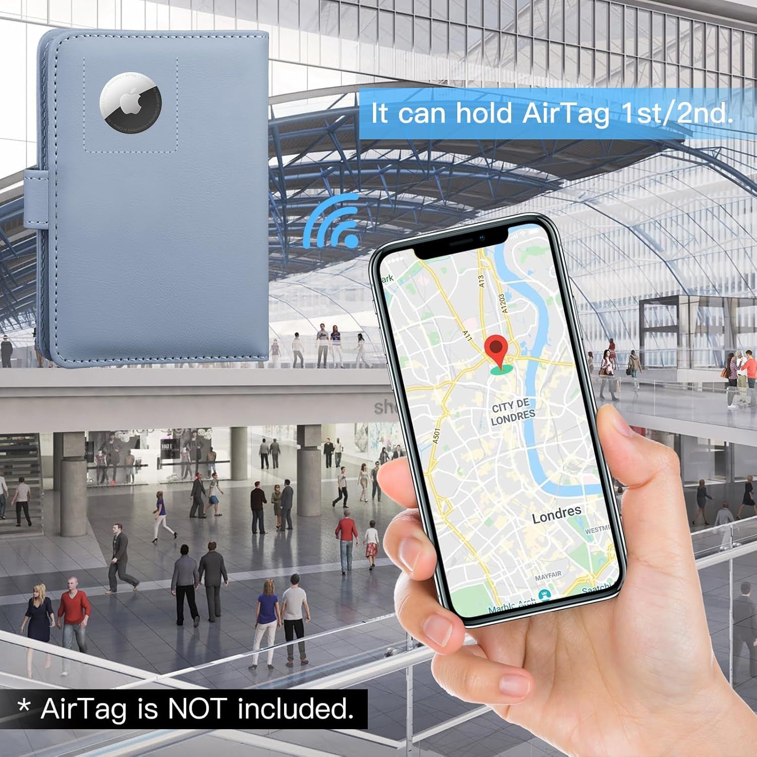 Communicates that the wallet case has a built-in slot or holder for Apple AirTag 1st or 2nd generation, enabling tracking functionality.