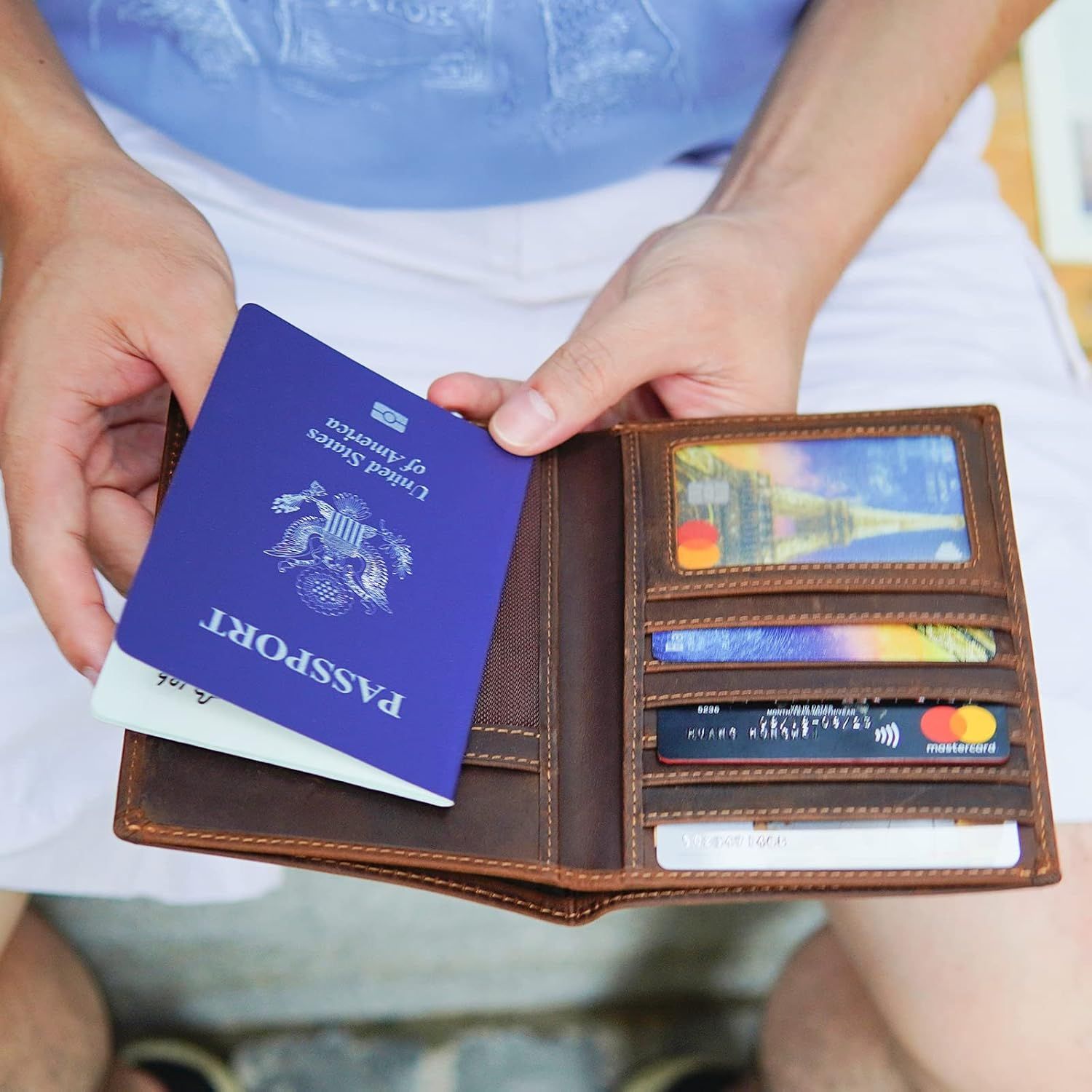 Demonstrates the wallet's versatility as a travel accessory by showing it can hold a passport, cards, and other travel essentials in one organized place.