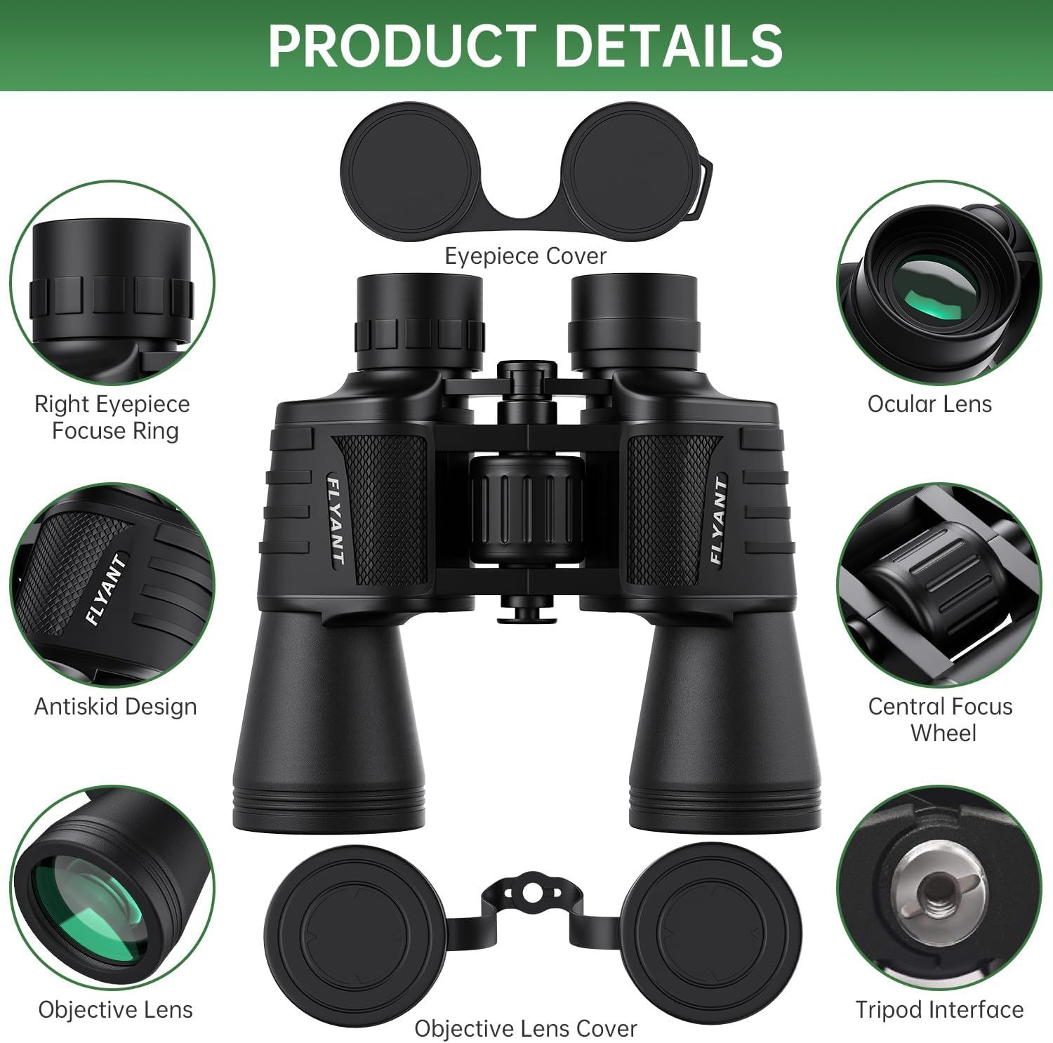 This image breaks down the physical components and structural parts of the binoculars to help shoppers understand what each part is and how the product is…