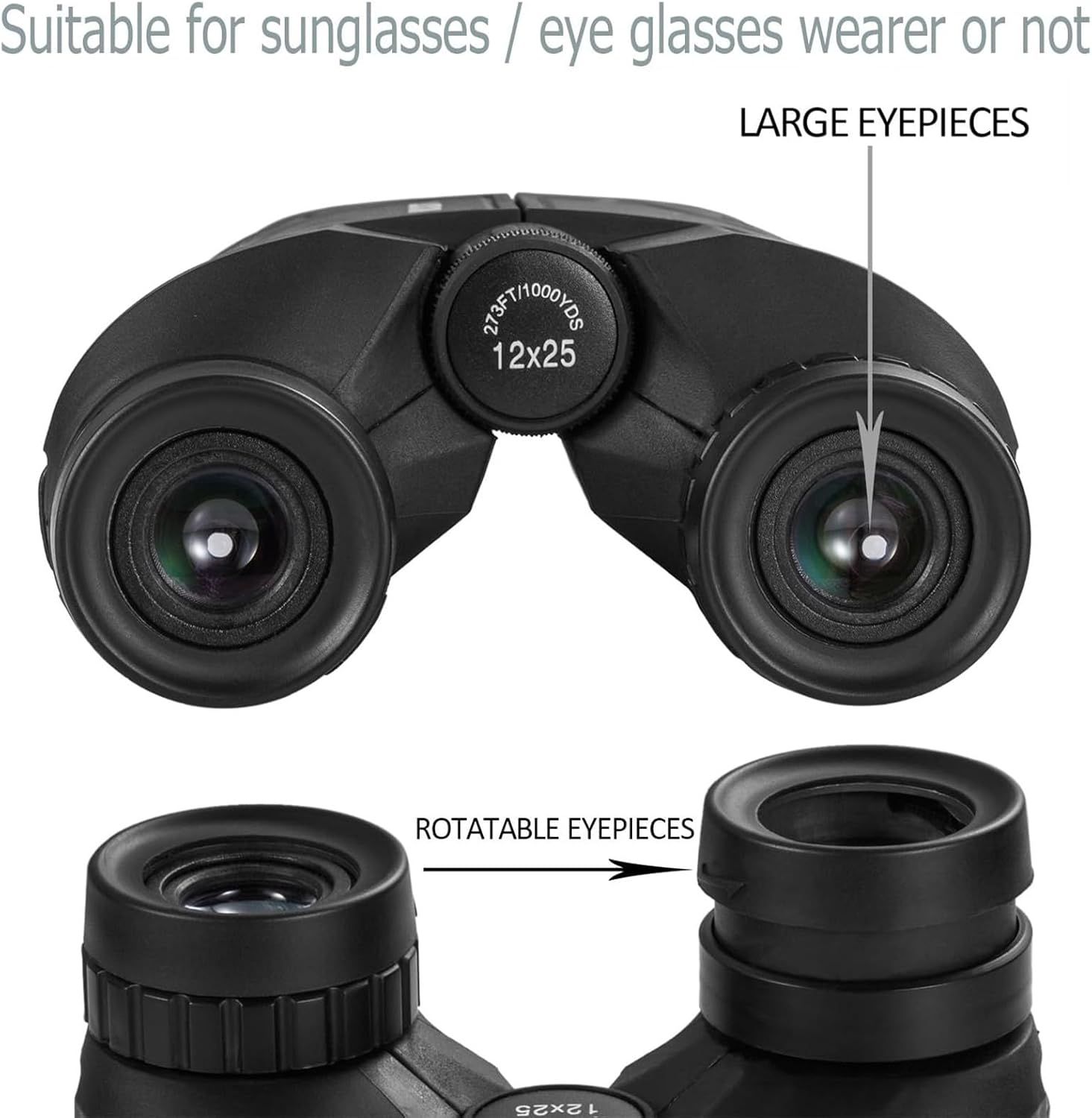 Highlights the physical design features of the binoculars, specifically the large eyepieces for glasses wearers and the rotatable eyepieces for adjustable…