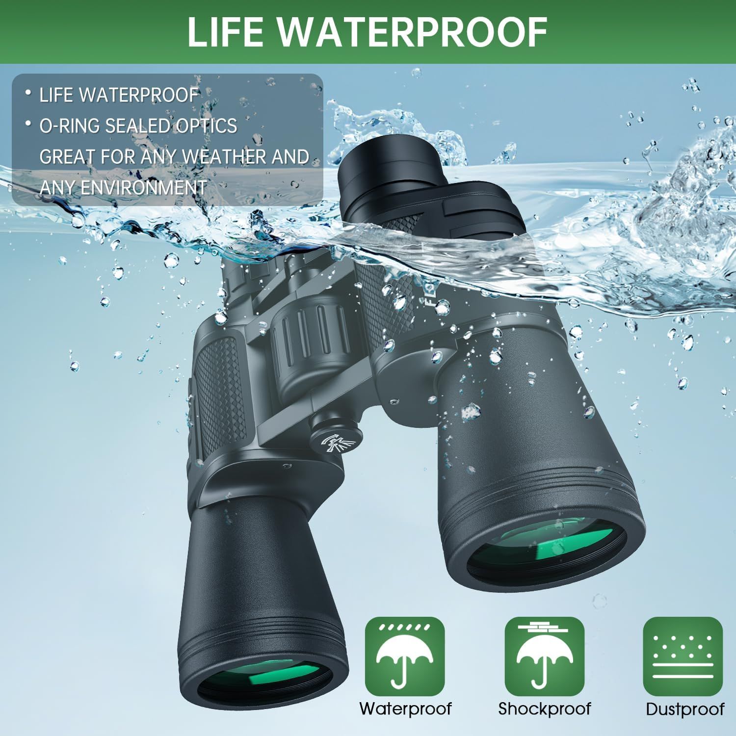 Communicates that the binoculars are fully waterproof with O-ring sealed optics, suitable for any weather and environment, reassuring shoppers of durability…