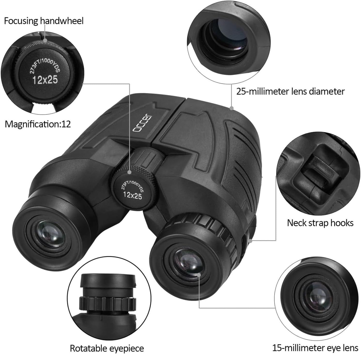 This image breaks down the physical components and structural features of the binoculars to help shoppers understand the product's construction and key parts.