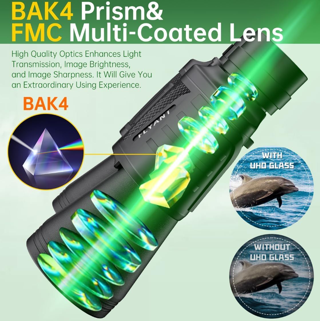 This image breaks down the internal optical components of the monocular to demonstrate the high-quality lens technology and light transmission system that delivers superior image brightness and…