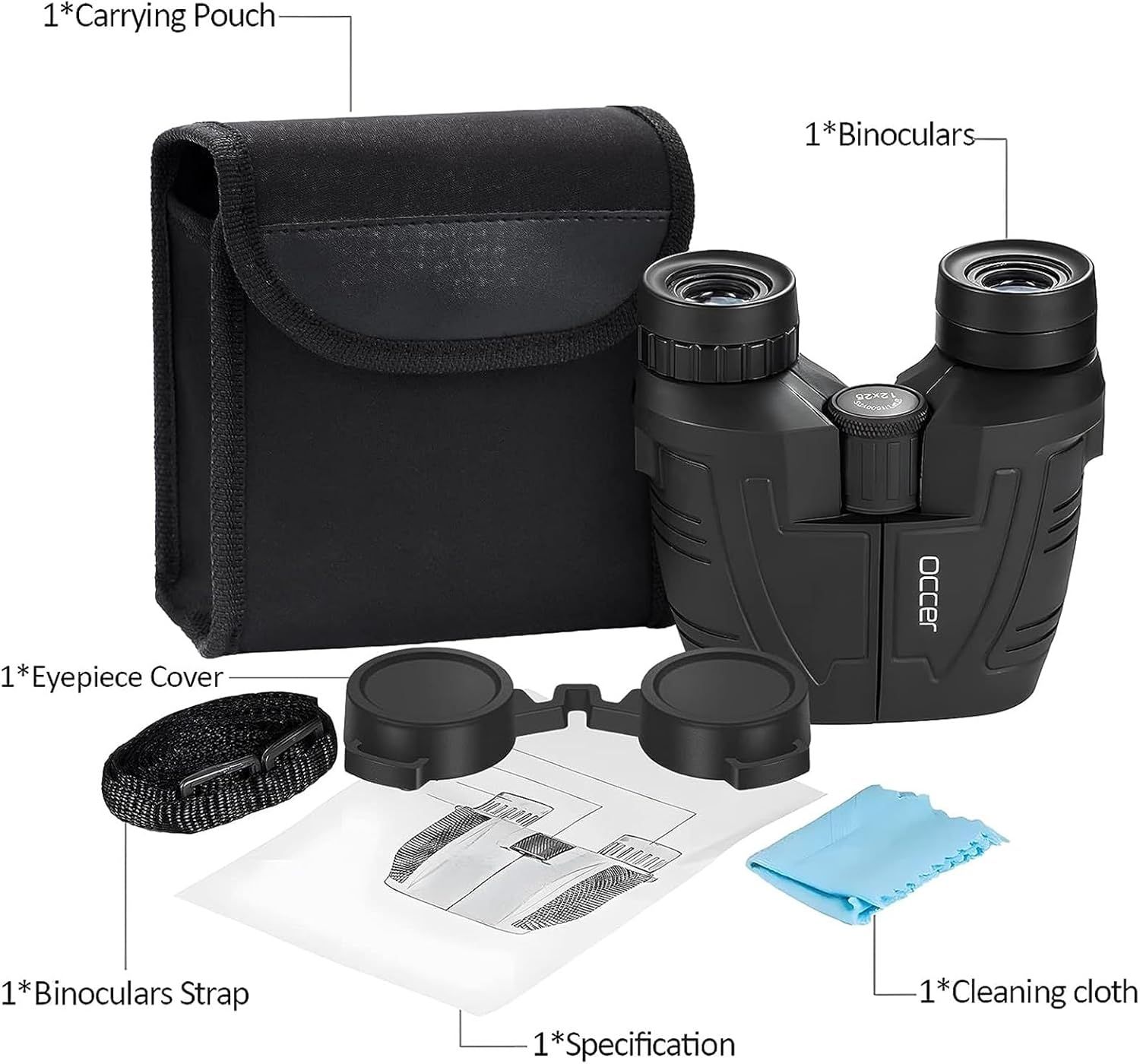 Shows all items included with the binoculars purchase to help shoppers understand the complete package value including carrying pouch, strap, eyepiece cover,…